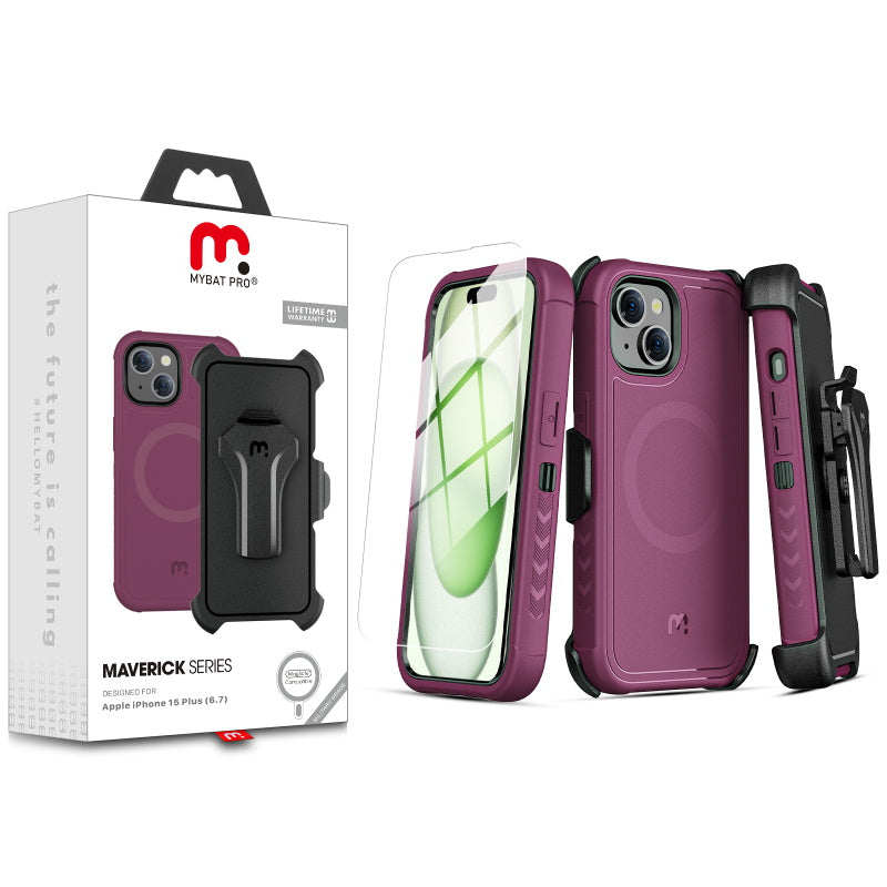 MyBat Pro Antimicrobial Maverick Series w/ MagSafe Case with Holster and Tempered Glass for Apple iPhone 15 Plus (6.7) - Plum / Black (1106120)