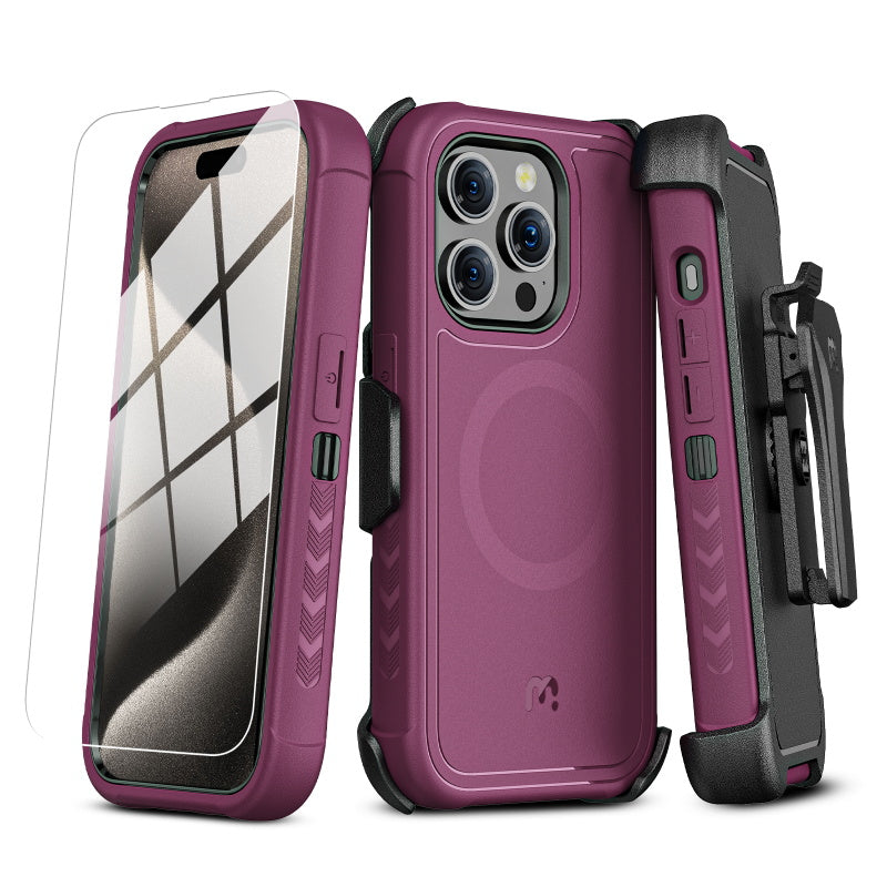 Apple iPhone 15 Pro Max (6.7) MyBat Pro Antimicrobial Maverick Series w/ MagSafe Case with Holster and Tempered Glass - Plum / Black (1106211)