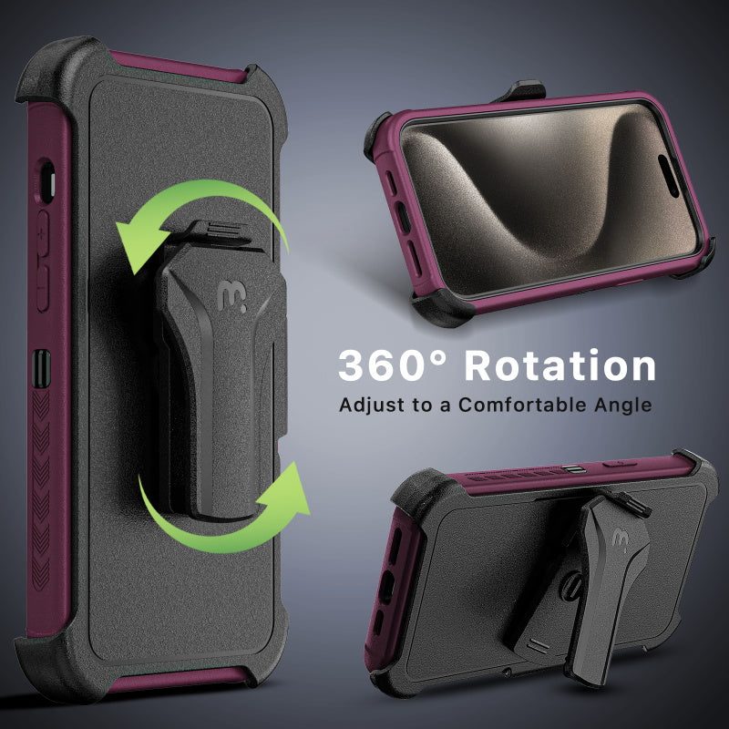 Apple iPhone 15 Pro Max (6.7) MyBat Pro Antimicrobial Maverick Series w/ MagSafe Case with Holster and Tempered Glass - Plum / Black (1106211)