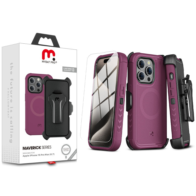 Apple iPhone 15 Pro Max (6.7) MyBat Pro Antimicrobial Maverick Series w/ MagSafe Case with Holster and Tempered Glass - Plum / Black (1106211)