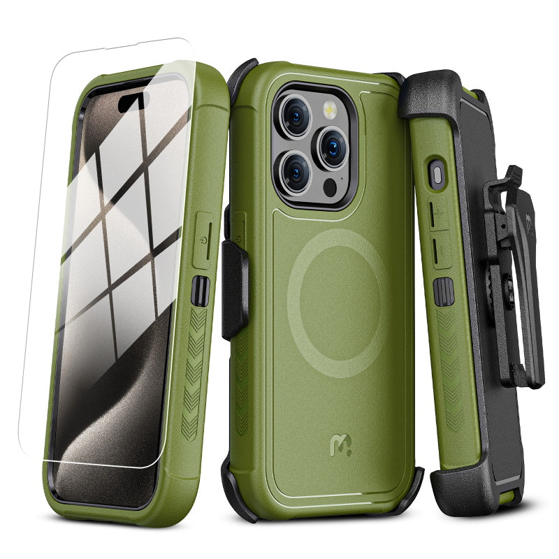 Apple iPhone 15 Pro Max (6.7) MyBat Pro Antimicrobial Maverick Series w/ MagSafe Case with Holster and Tempered Glass - Army Green / Black (1106210)