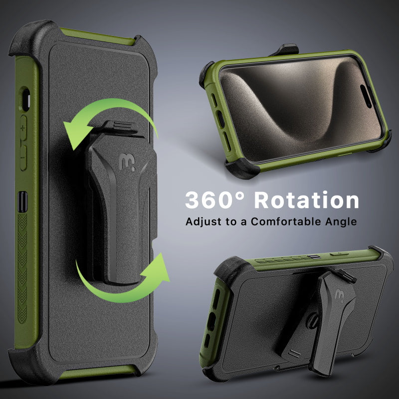 Apple iPhone 15 Pro Max (6.7) MyBat Pro Antimicrobial Maverick Series w/ MagSafe Case with Holster and Tempered Glass - Army Green / Black (1106210)