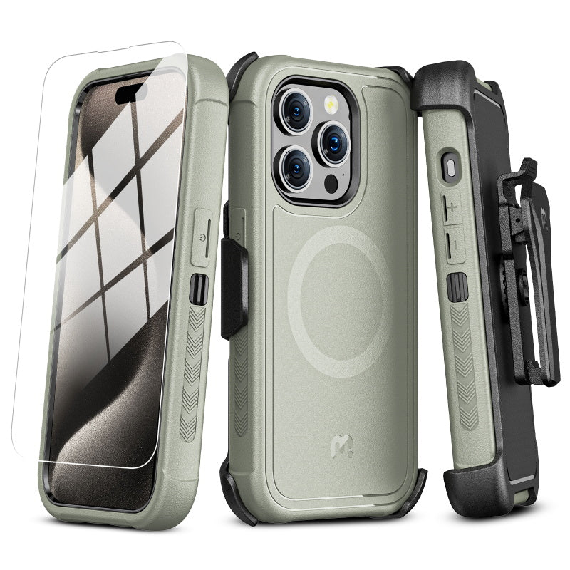 MyBat Pro Antimicrobial Maverick Series w/ MagSafe Case with Holster and Tempered Glass for Apple iPhone 15 Pro Max (6.7) - Gray / Black - (1106122)