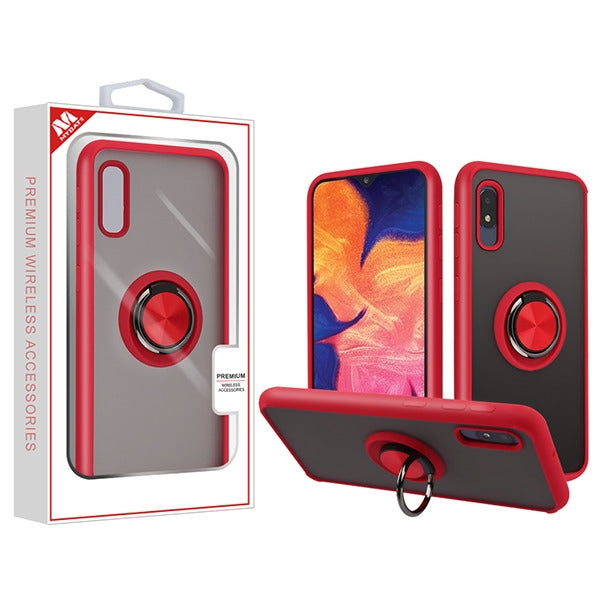 SAMSUNG Galaxy A10E - Mybat Semi Transparent Smoke Frosted/Rubberized Red Frost Hybrid Protector Cover w/Ring Stand(9727)