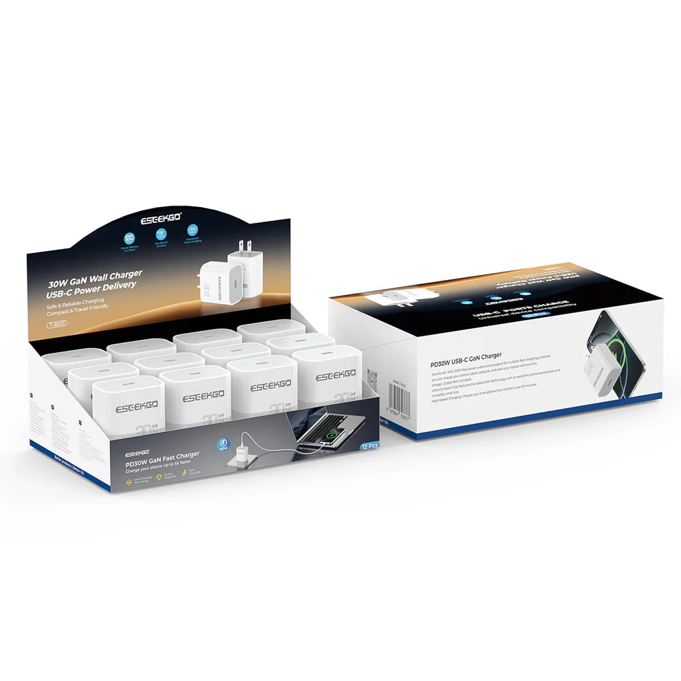 ESEEKGO T-30US 30W GaN Travel Adapter organized display box with 12 individual units ( 1103751) (MSRP $129.99)