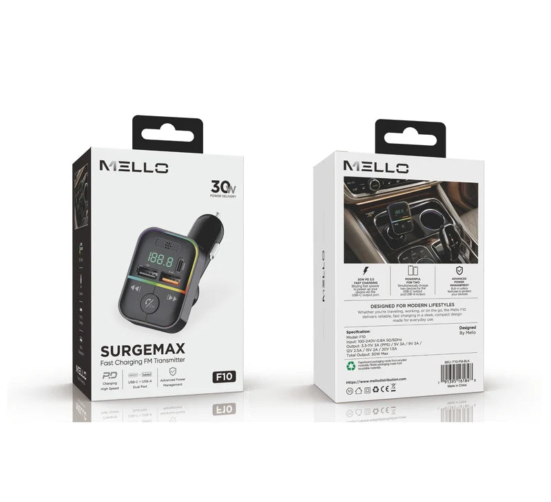 MELLO SURGEMAX F10 DUAL USB/PD FM TRANSMITTER BLACK (1108133) (MSRP $49.99)