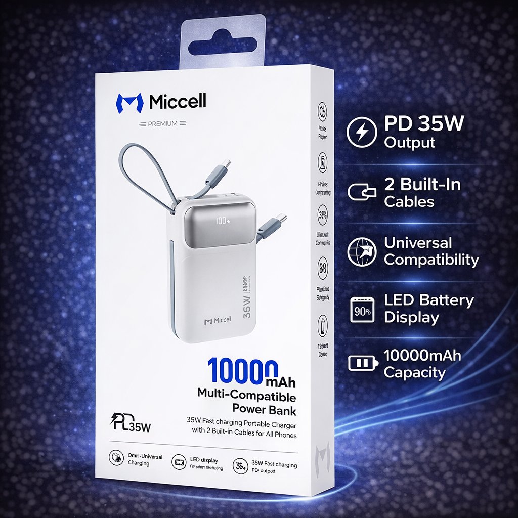 Miccell 10,000 mAh 35W PD Powerbank with attached USB-C Cable - White (1107485) ($69.99 MSRP)