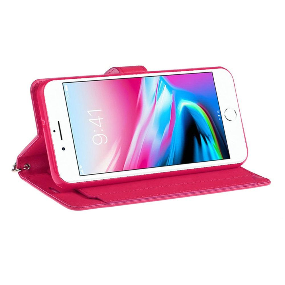 APPLE iPhone 8 Plus/7 Plus/6 Plus Wristlet Magnetic Metal Snap Wallet with Two Row Credit Card Holder - Hot Pink (9563)