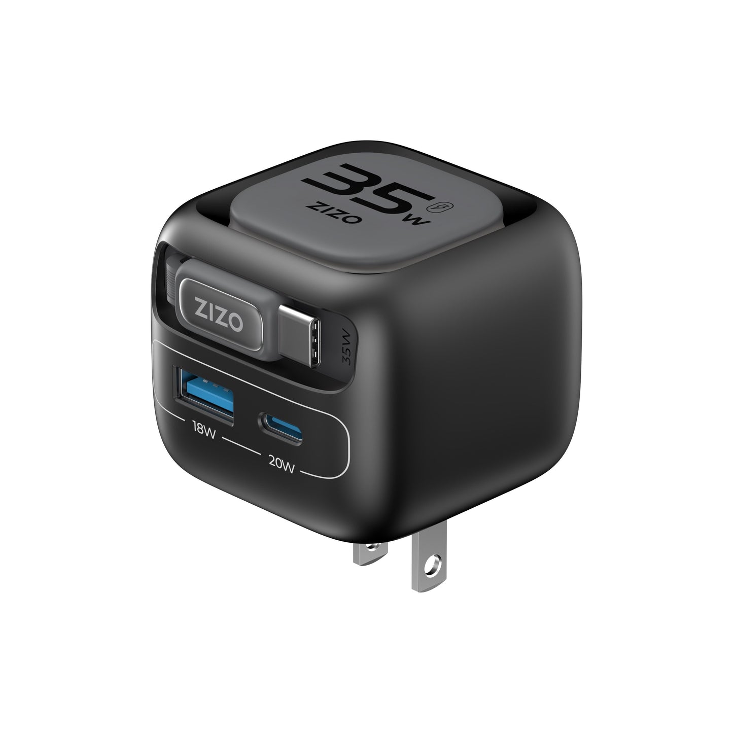 ZIZO PowerVault Cube 35W GaN Travel Charger with Retractable USB-C Cable and Multi-Port Charging - Space Black ( 1103486) (MSRP $59.99)
