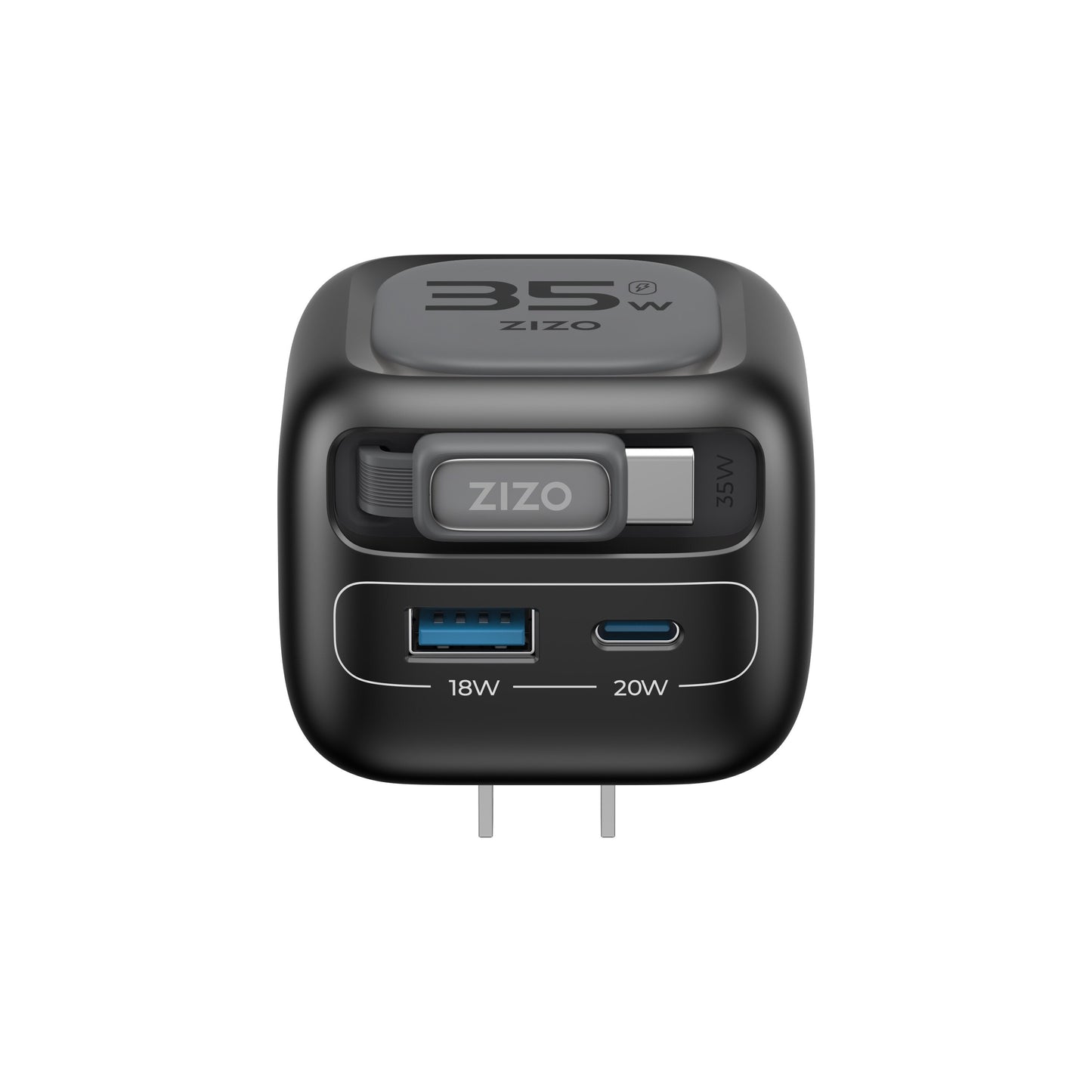 ZIZO PowerVault Cube 35W GaN Travel Charger with Retractable USB-C Cable and Multi-Port Charging - Space Black ( 1103486) (MSRP $59.99)
