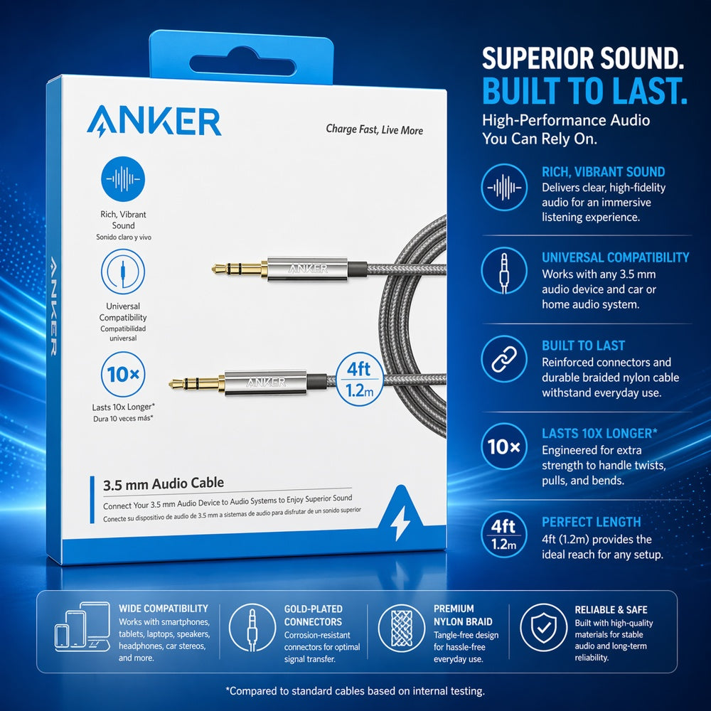 ANKER 3.5 AUDIO AUX CABLE 4FT - A7113H11 - BLACK ( 1107893) (MSRP $29.99)