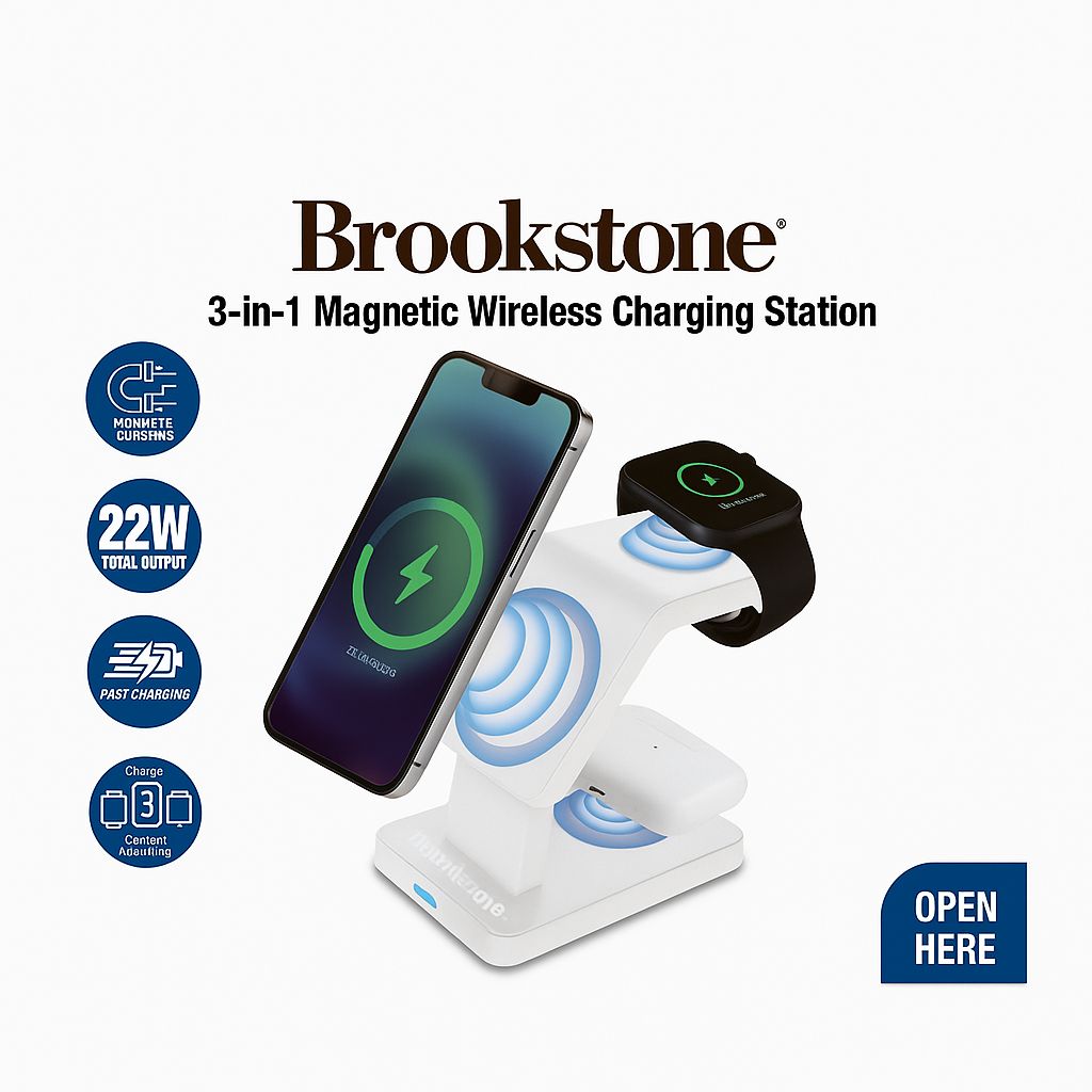 Brookstone 3 in 1 Wireless Charging Station Compatible with MagSafe Charger for Apple Fast Wireless Charger Stand for iPhone 15,14,13,12 Pro Max Series, iWatch Series, Airpods 3, 2, Pro - 15W - WHITE ( 1103630) (MSRP $59.99)