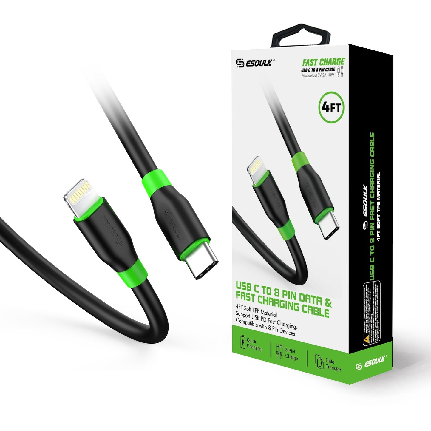 Esoulk 6FT PD Fast Charge USB-C To IPhone Cable Black (1102379)