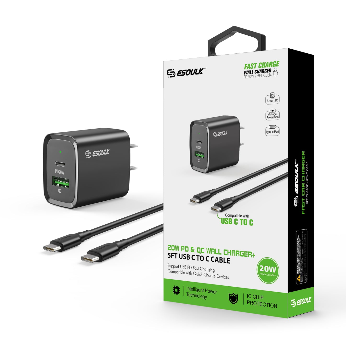 ESOULK 20W PD/QC Wall Charger & 5FT Cable for C to C - BLACK (1106346)