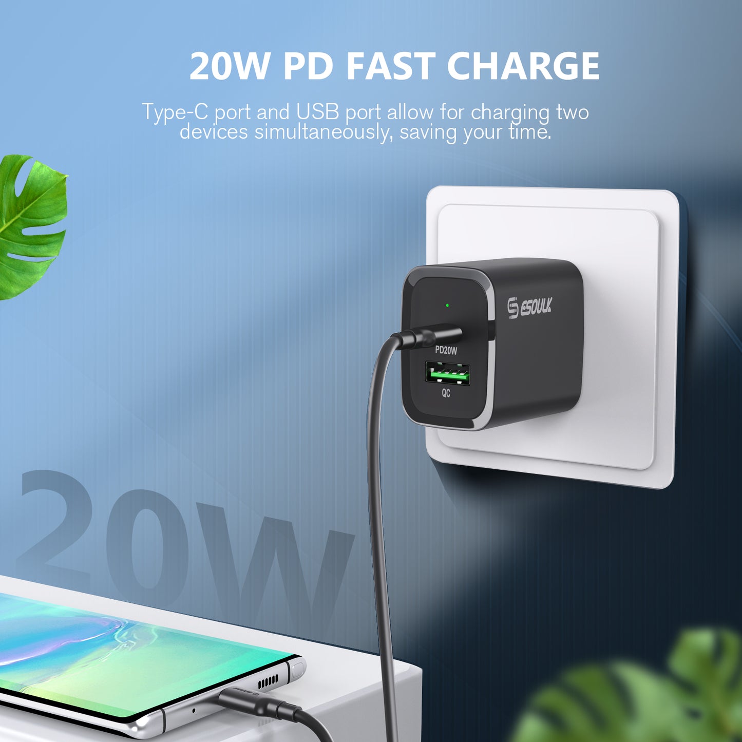 ESOULK 20W PD/QC Wall Charger & 5FT Cable for C to C - BLACK (1106346)