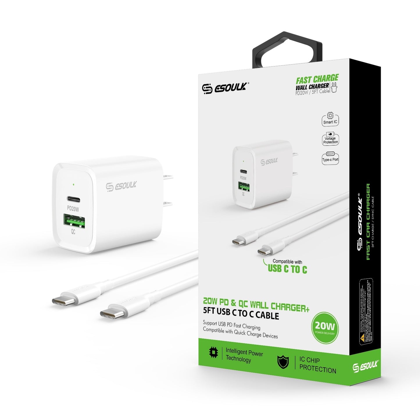 ESOULK 20W PD+QC FAST WALL CHARGER & 5FT USB C TO C CABLE - White (1102983)