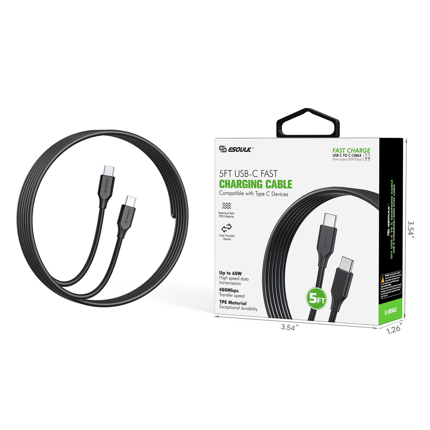 Esoulk 5Ft 60W USB-C Fast Charging Cable - Black (1103136) (MSRP $39.99)