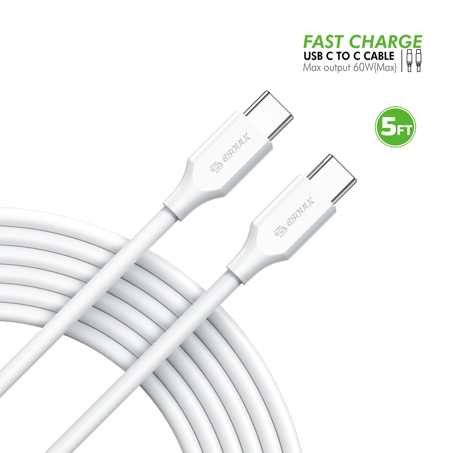 Esoulk 5Ft 60W USB-C Fast Charging Cable - White (1103135) (MSRP $39.99)