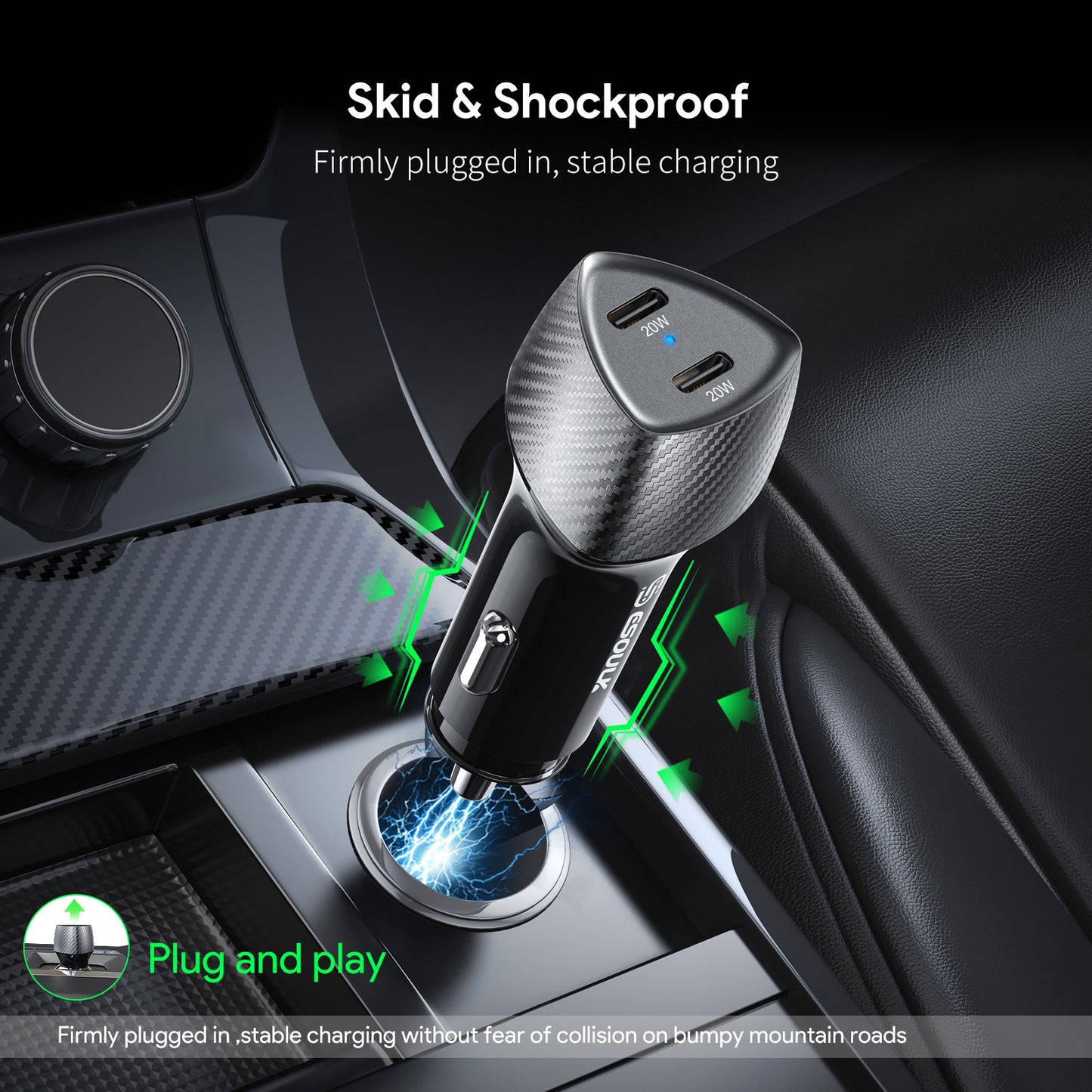 ESOULK 40W Dual Type-C Port FAST CAR CHARGER - Black (1105351)