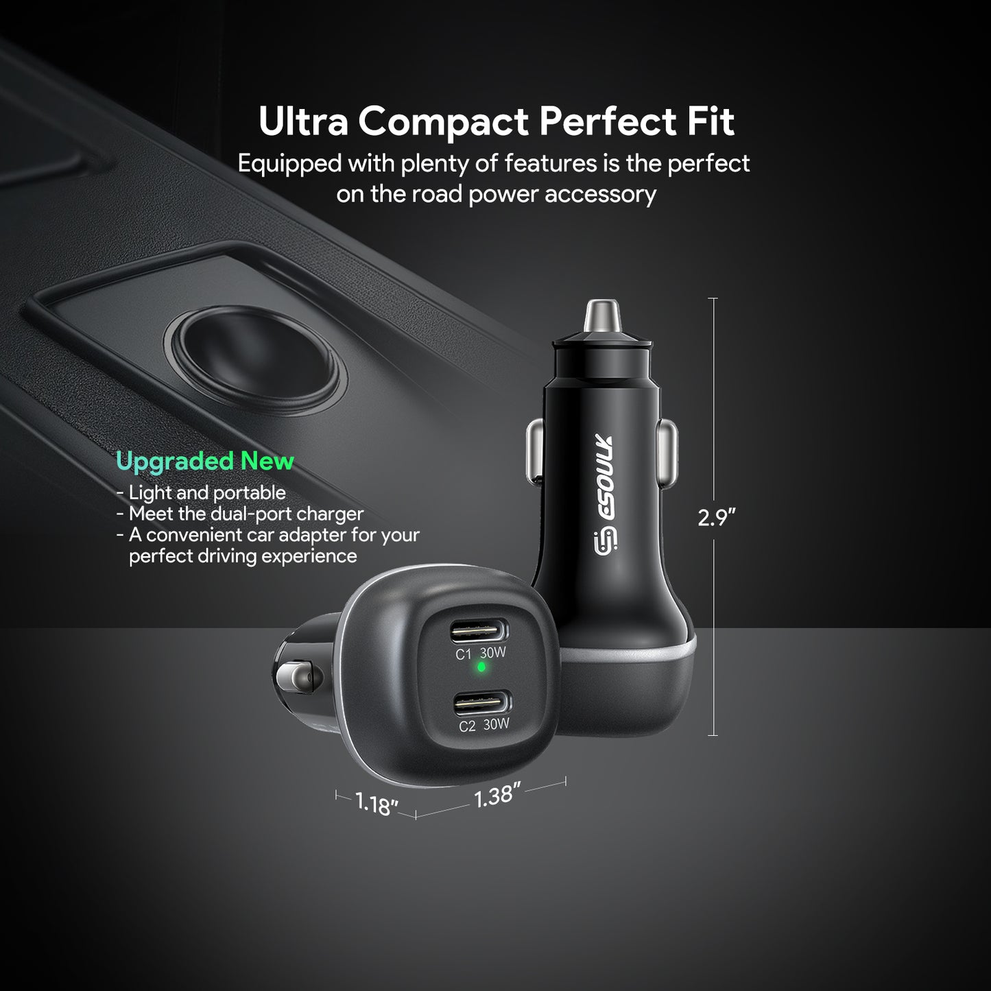 Esoulk 60W PD DUAL USB-C CAR Charging Plug - Black (1106412)