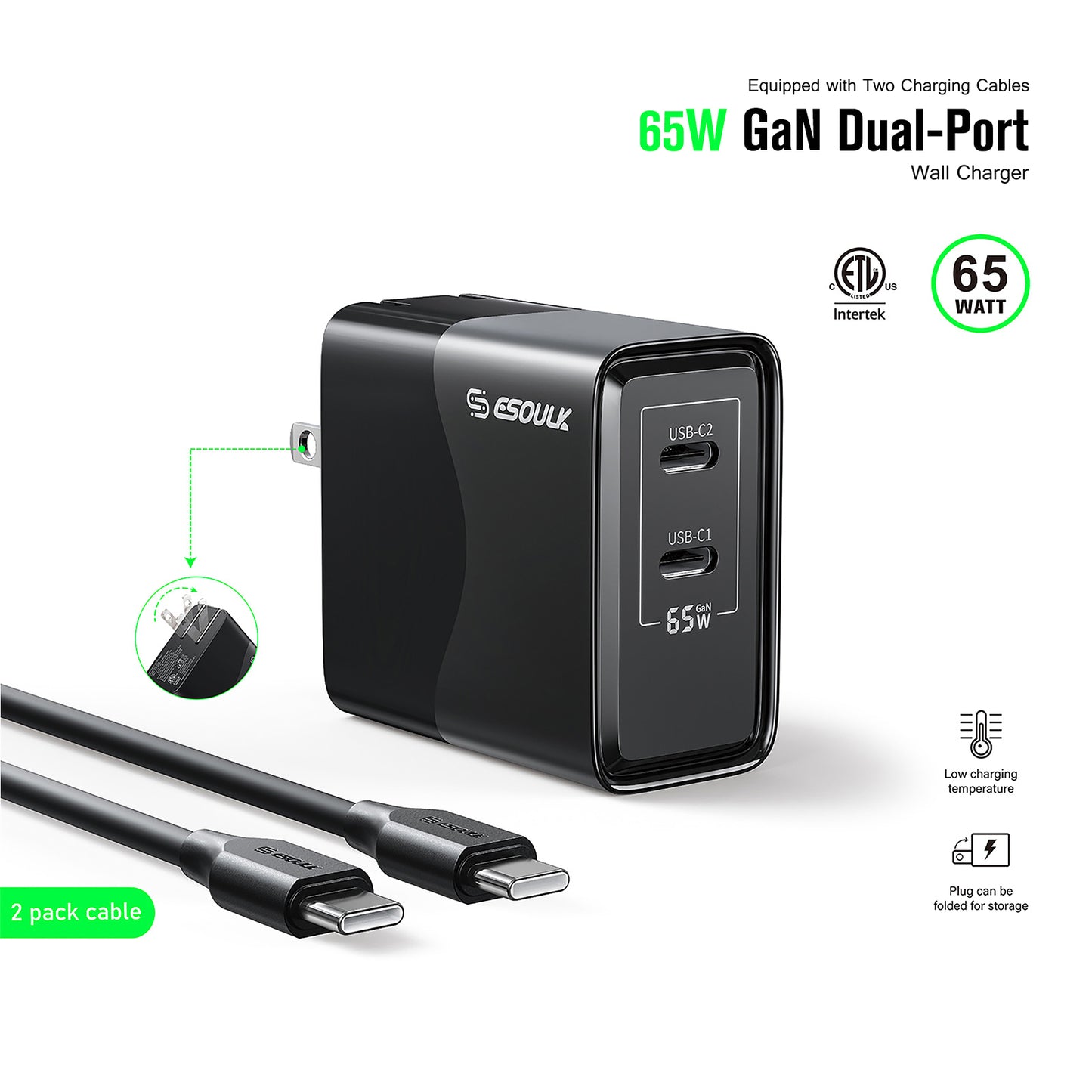 ESOULK 65W GaN Dual USB-C WALL CHARGER+4FT & 6FT USB-C CABLE ( 1107706) (MSRP $79.99)
