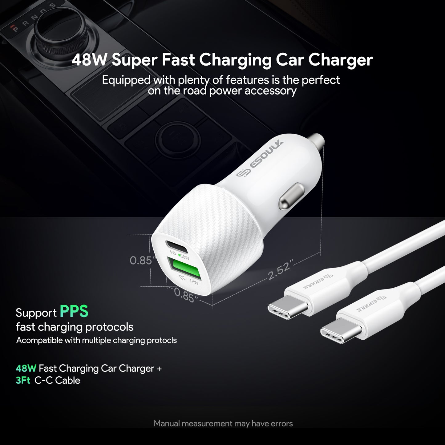 Esoulk 48W PD&QC CAR CHARGER +3FT USB-C TO USB-C CABLE (1106728)