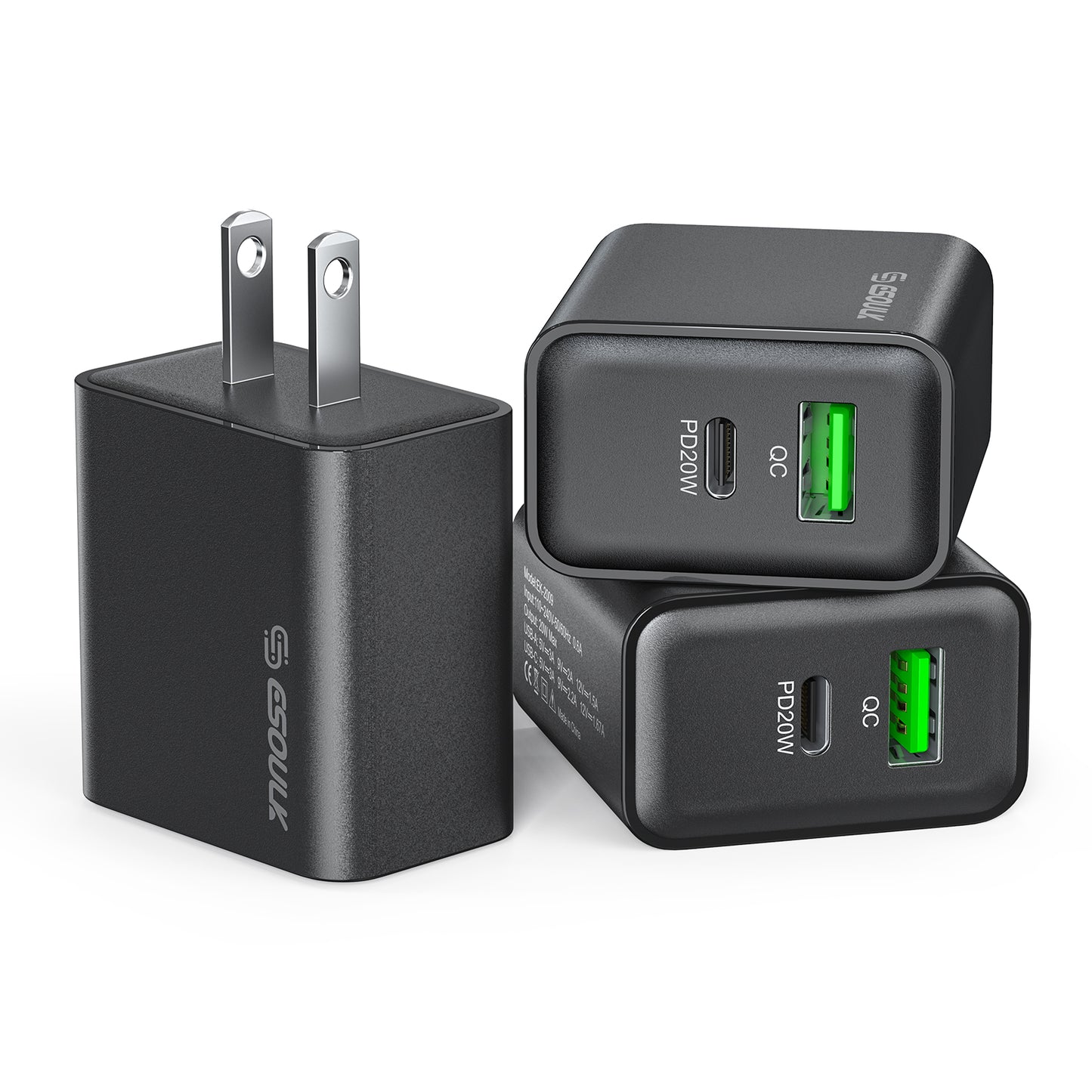 Esoulk 20W PD&QC Wall Charger organized display box with 12 individual units – Black (1102922)