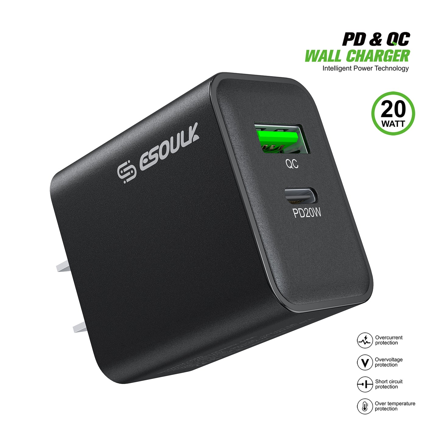 Esoulk 20W PD&QC Wall Charger organized display box with 12 individual units – Black (1102922)
