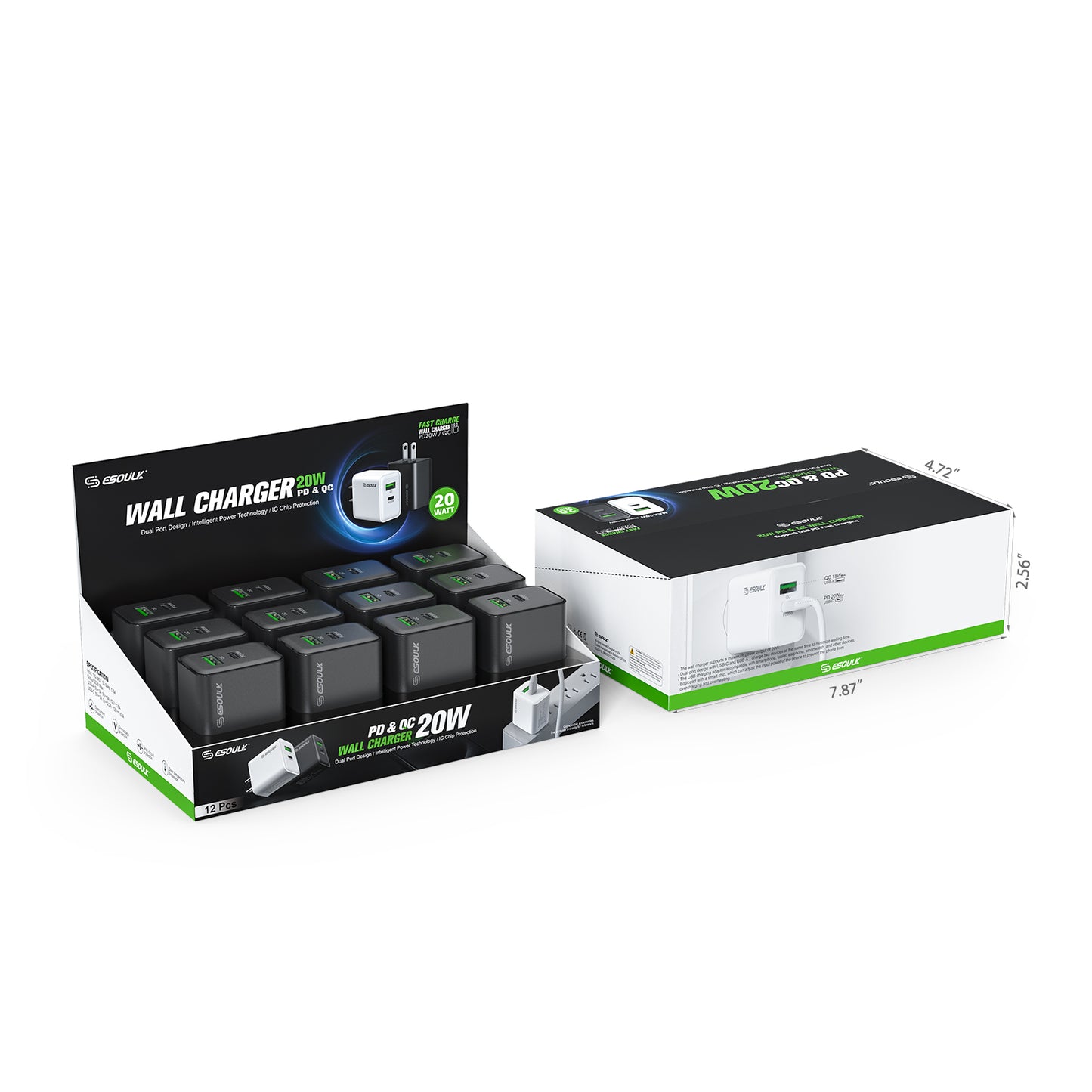 Esoulk 20W PD&QC Wall Charger organized display box with 12 individual units – Black (1102922)