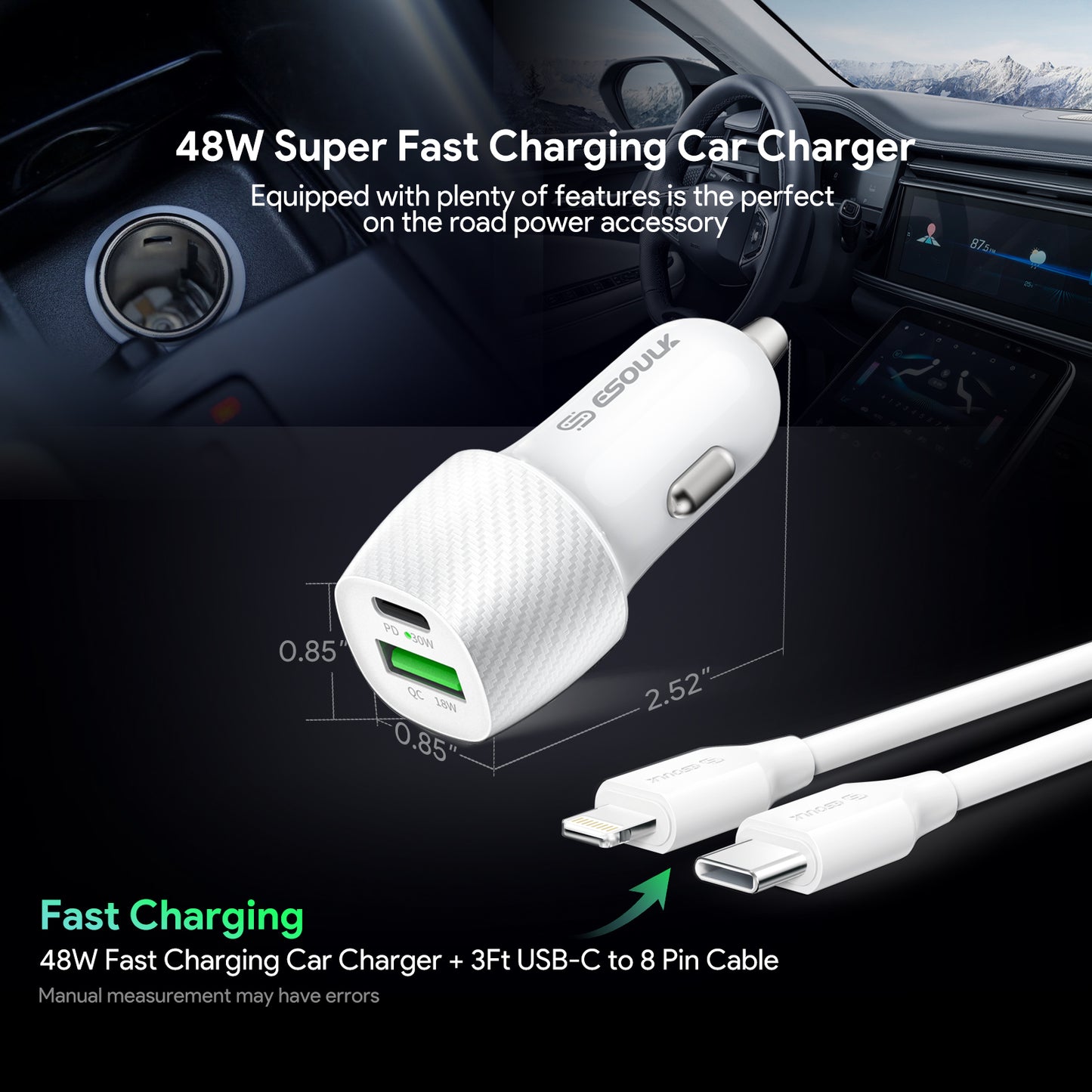 ESOULK 48W PD&QC Car Charger +3Ft USB-C To 8Pin Cable - White (1107820)