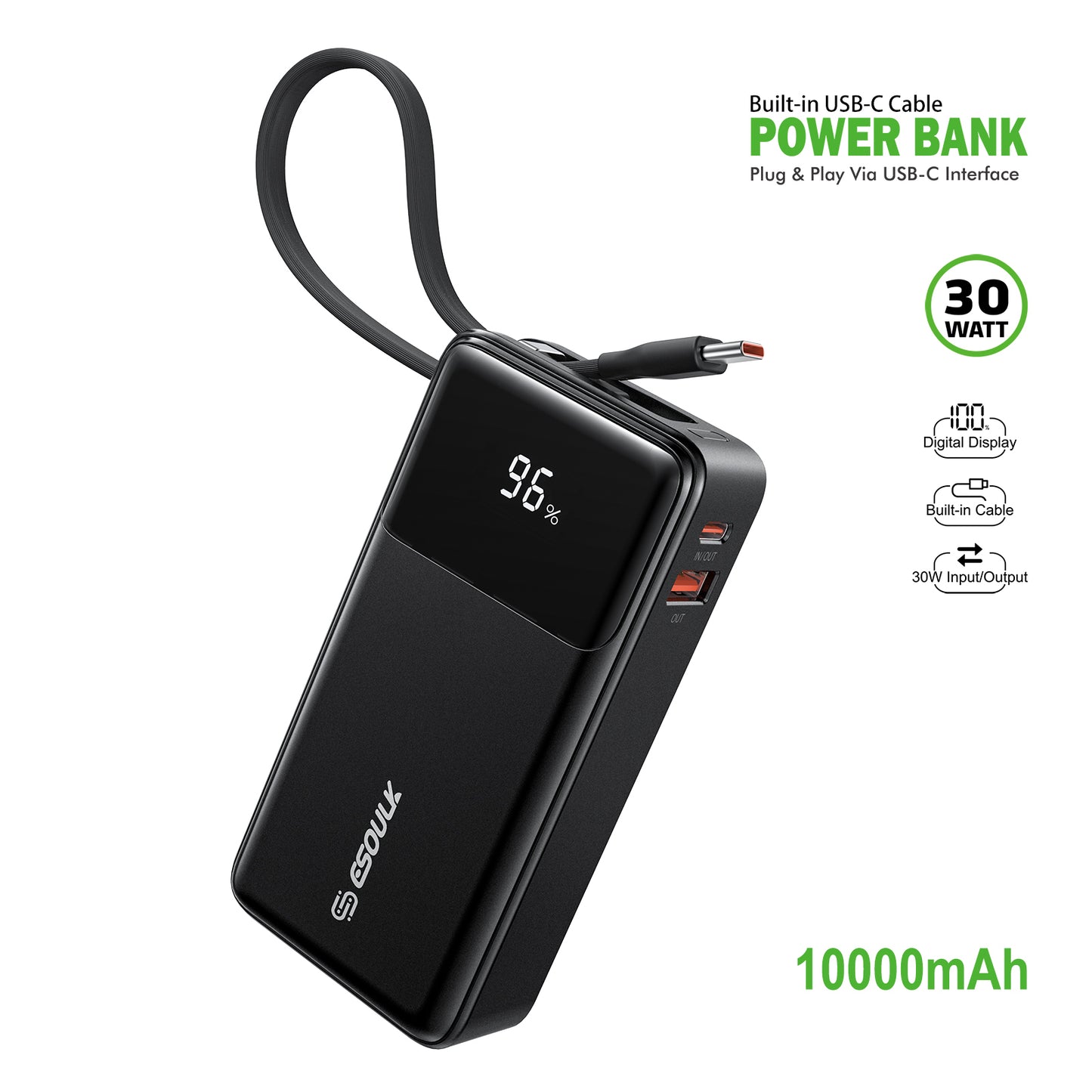 Esoulk 10000mah 30W Bulit-In USB-C Cable Power Bank (1107121)