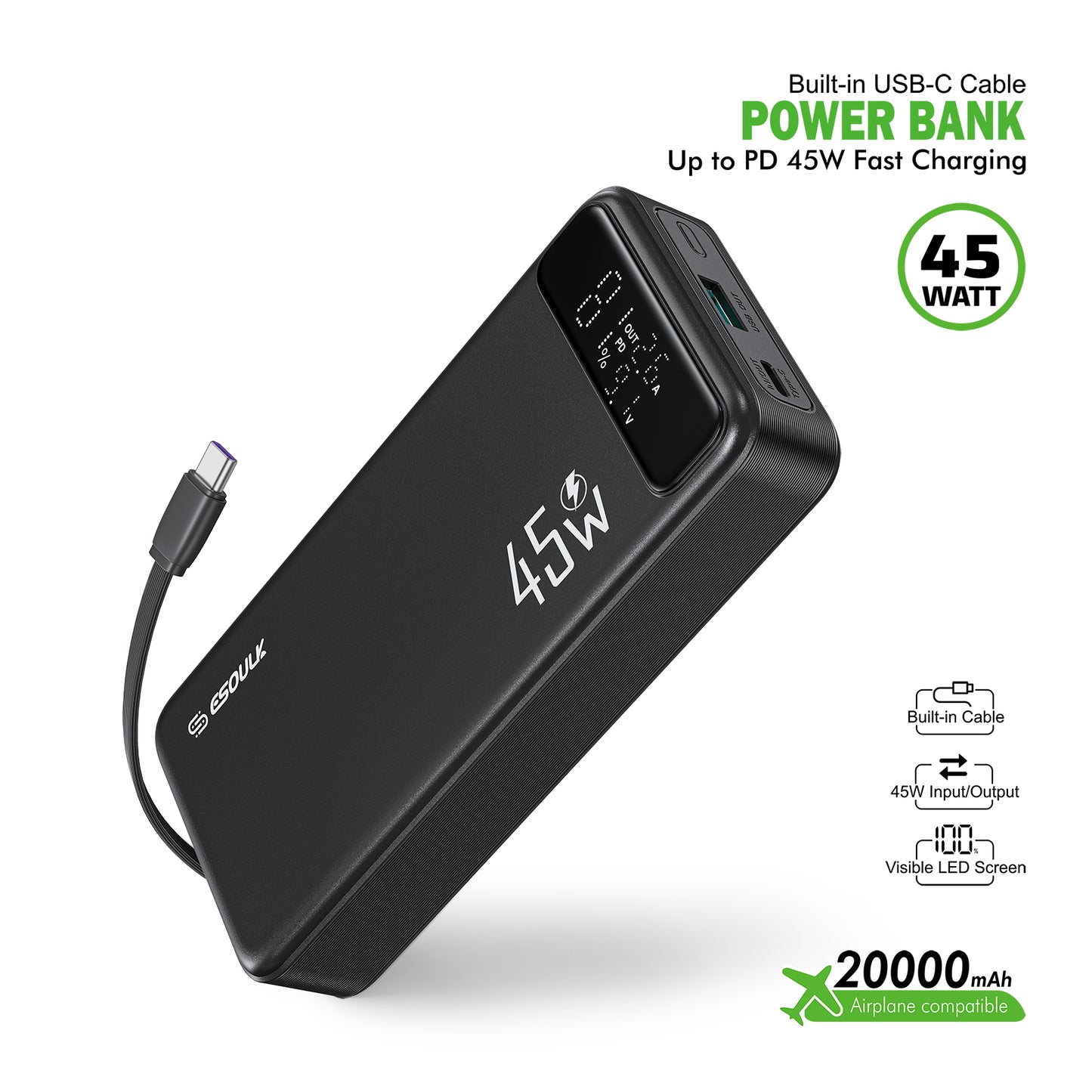 Esoulk 20000mAh PD 45W Built-in USB-C Cable Power Bank (1107473)