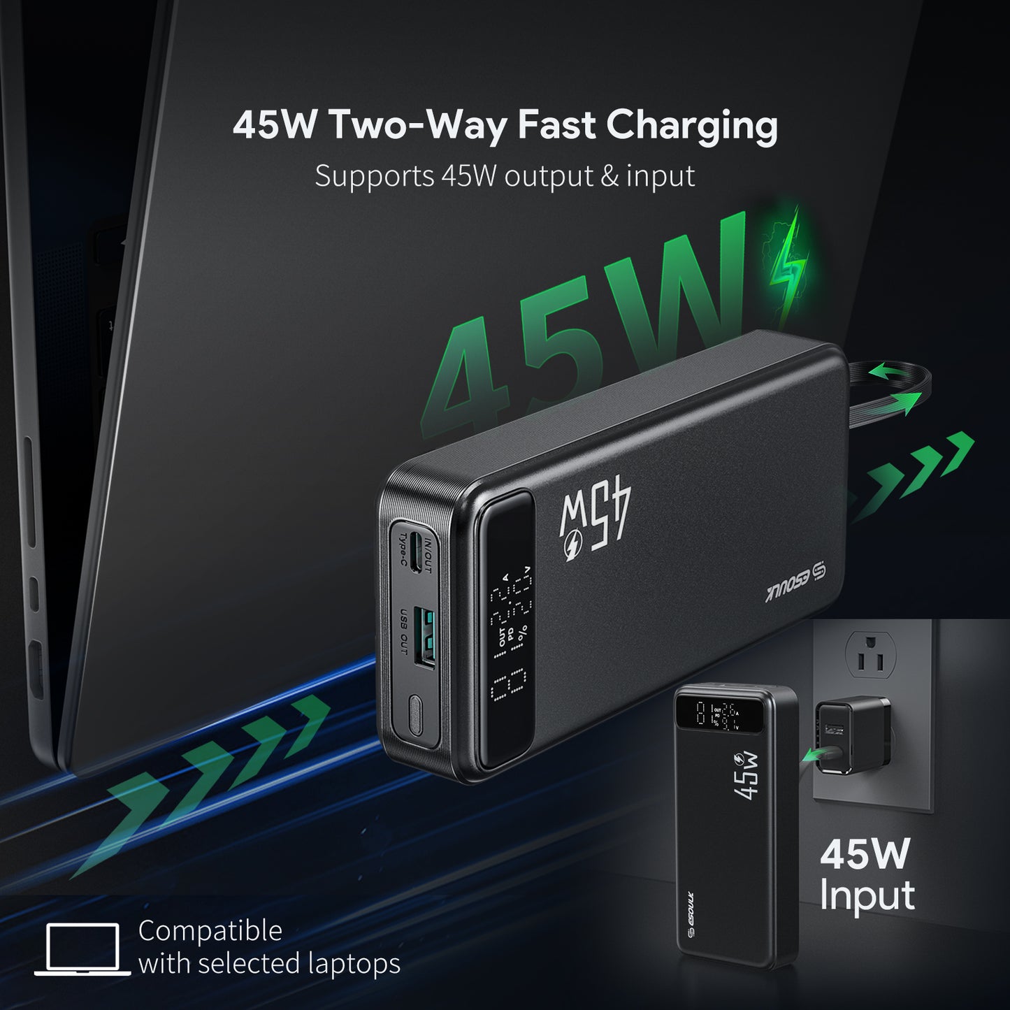 Esoulk 20000mAh PD 45W Built-in USB-C Cable Power Bank (1107473)