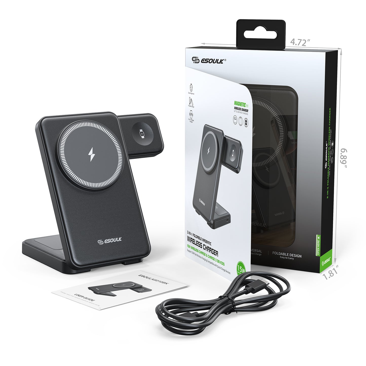 Esoulk 3-in-1 Foldable Magnetic Wireless Charger - Black (1102709)