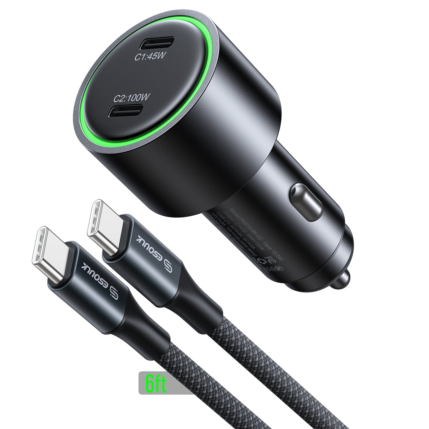 ESOULK 145W Fast Charging Car Charger + 6FT 100W USB-C Braided Charge ( 1107704) (MSRP $59.99)