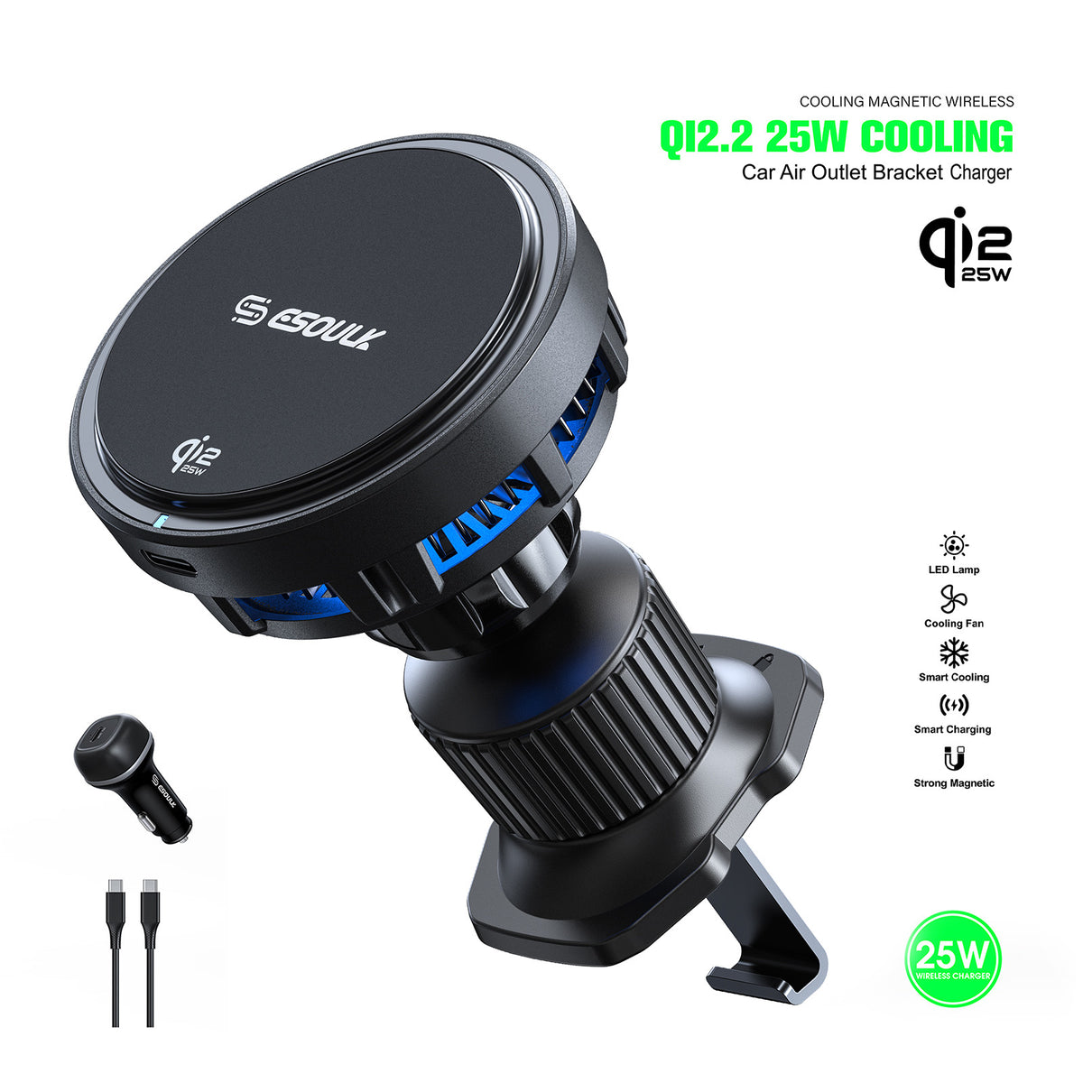 Esoulk 25W Qi2.2 Cooling Magnetic Wireless Air Vent Car Charger (1108274)(MSRP $69.99)