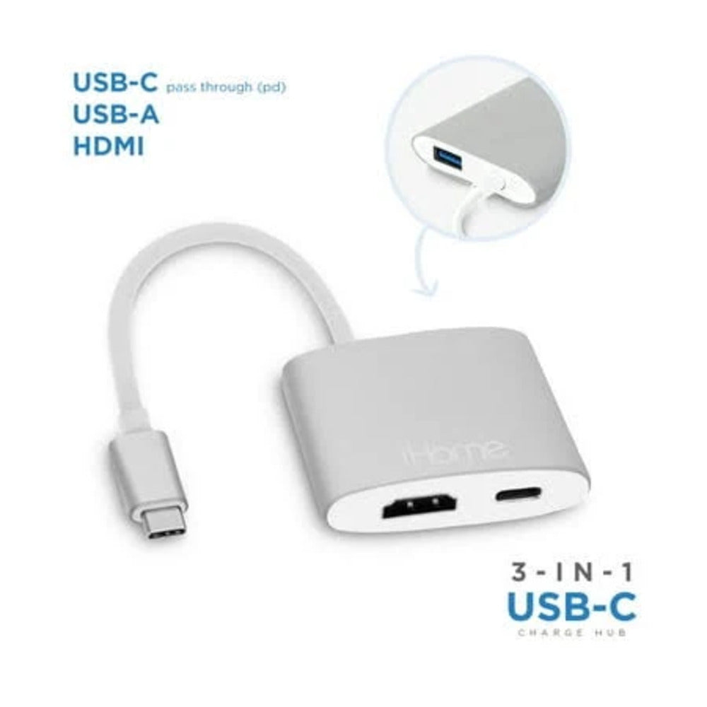 iHome USB Type-C Hub with HDMI Port, USB 3.0 and Type-C Port (Silver) (1102947)