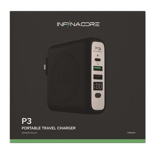 INFINACORE Pandora Portable Power (P3) Global Wireless Charger USB-C Wall Charger 8000 mAh Power Bank, USB-C PowerDelivery Battery Pack, Fast Charge Phone Laptop Charger Travel with LED Display - BLACK ( 1103650) (MSRP $79.99)