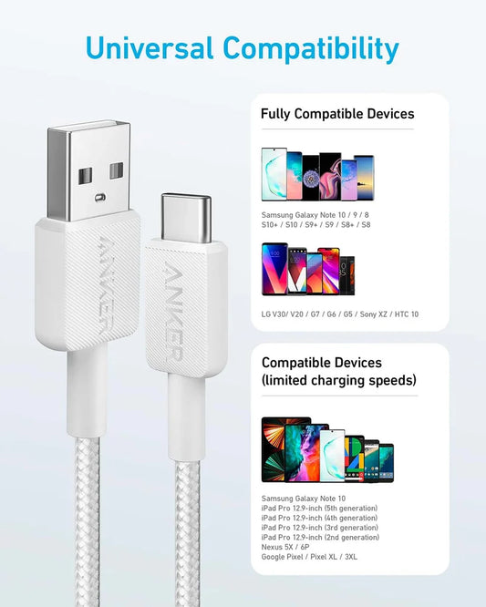 Anker 322 Braided USB-A To USB-C 6' Cable - White ( 1108187) (MSRP $39.99)