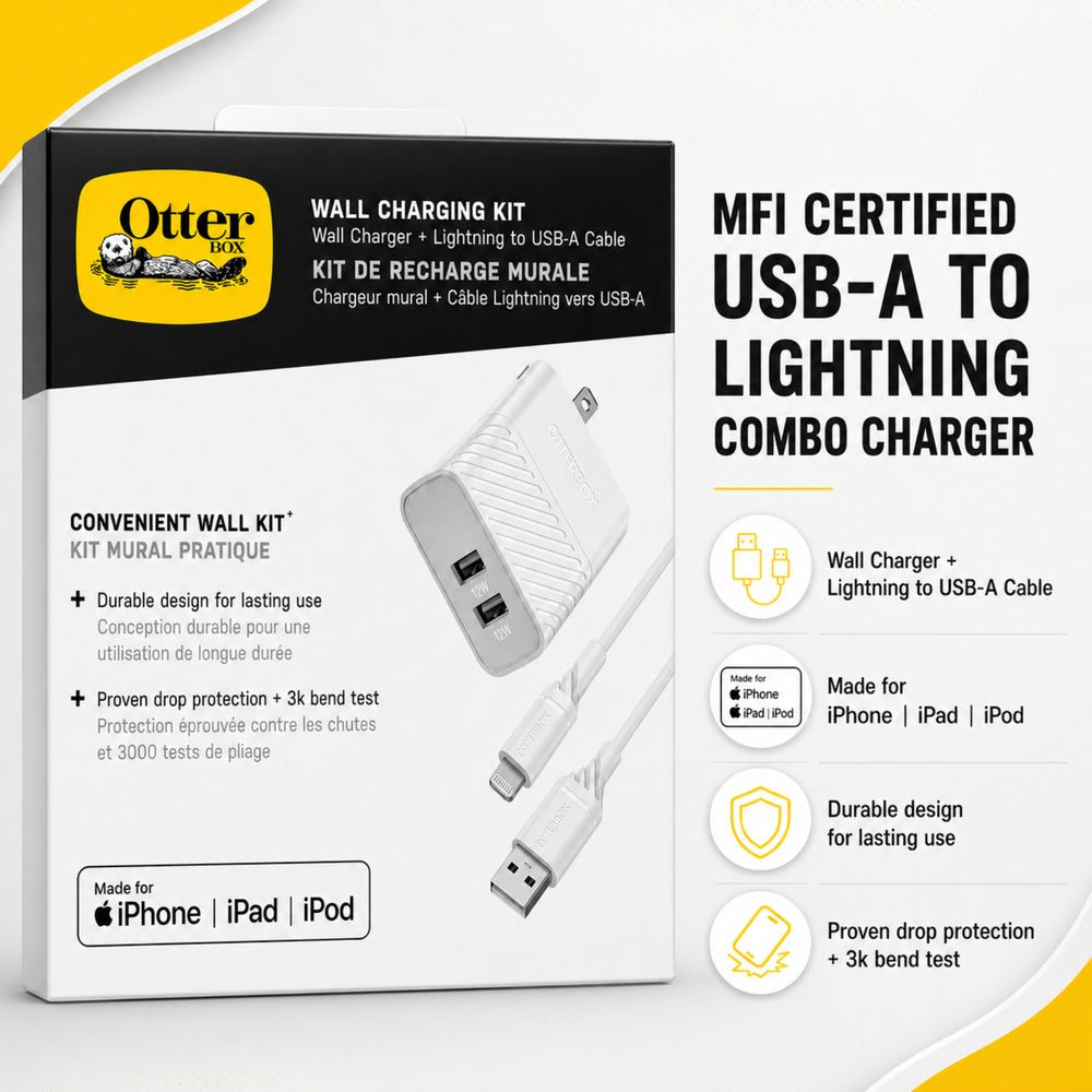 OTTERBOX WALL CHARGING KIT DUAL 12W USB WITH USB-A TO LIGHTNING CABLE ( 1108018) (MSRP $69.99)