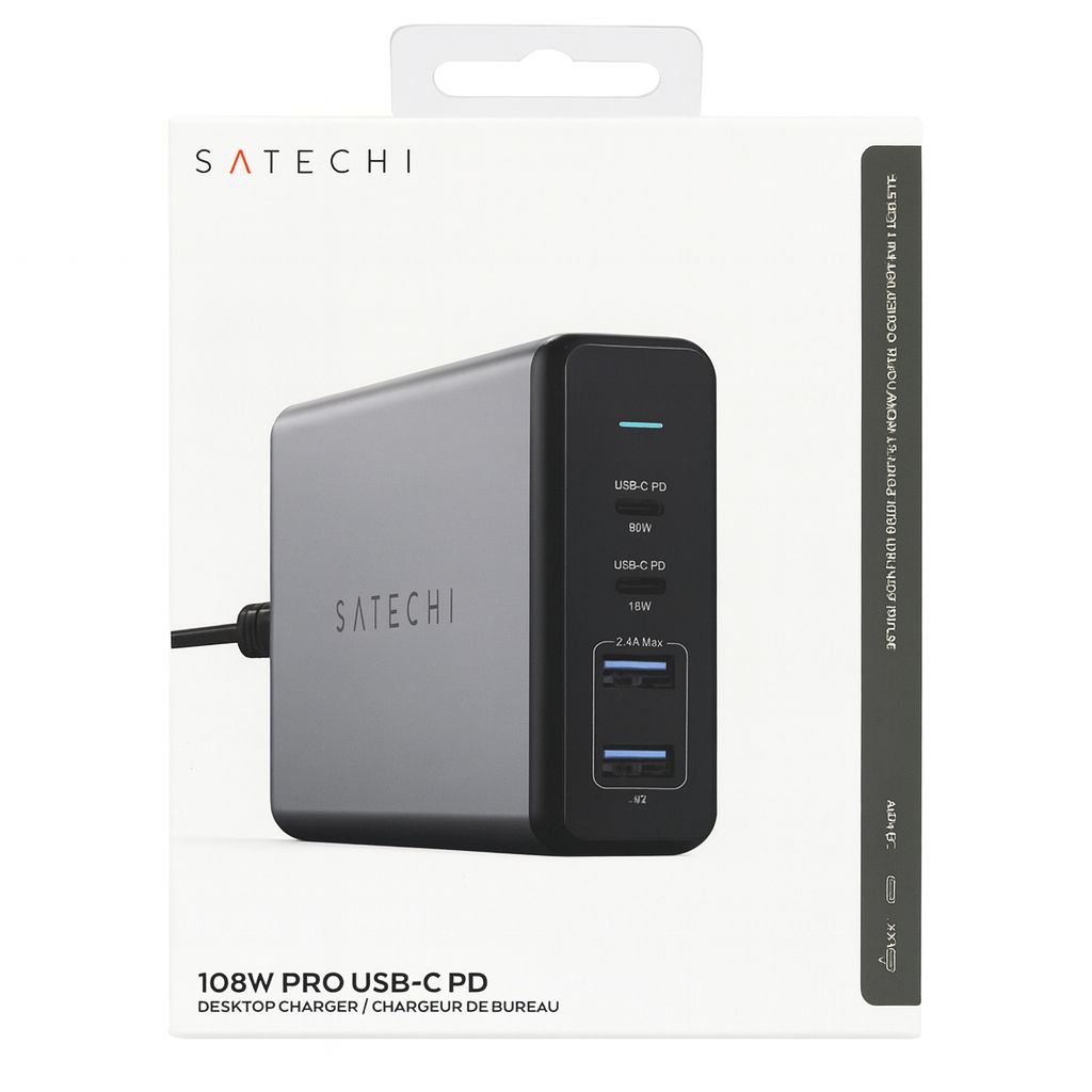 Satechi 108W Pro USB C PD Desktop Charging Station 2 USBC PD & 2 USB A Ports, Compatible with 2025/2020/2019 MacBook Pro, 2020/2018 MacBook Air, M5/M1 iPad Pro/Air, iPhones - SPACE GRAY( 1103707) (MSRP $89.99)
