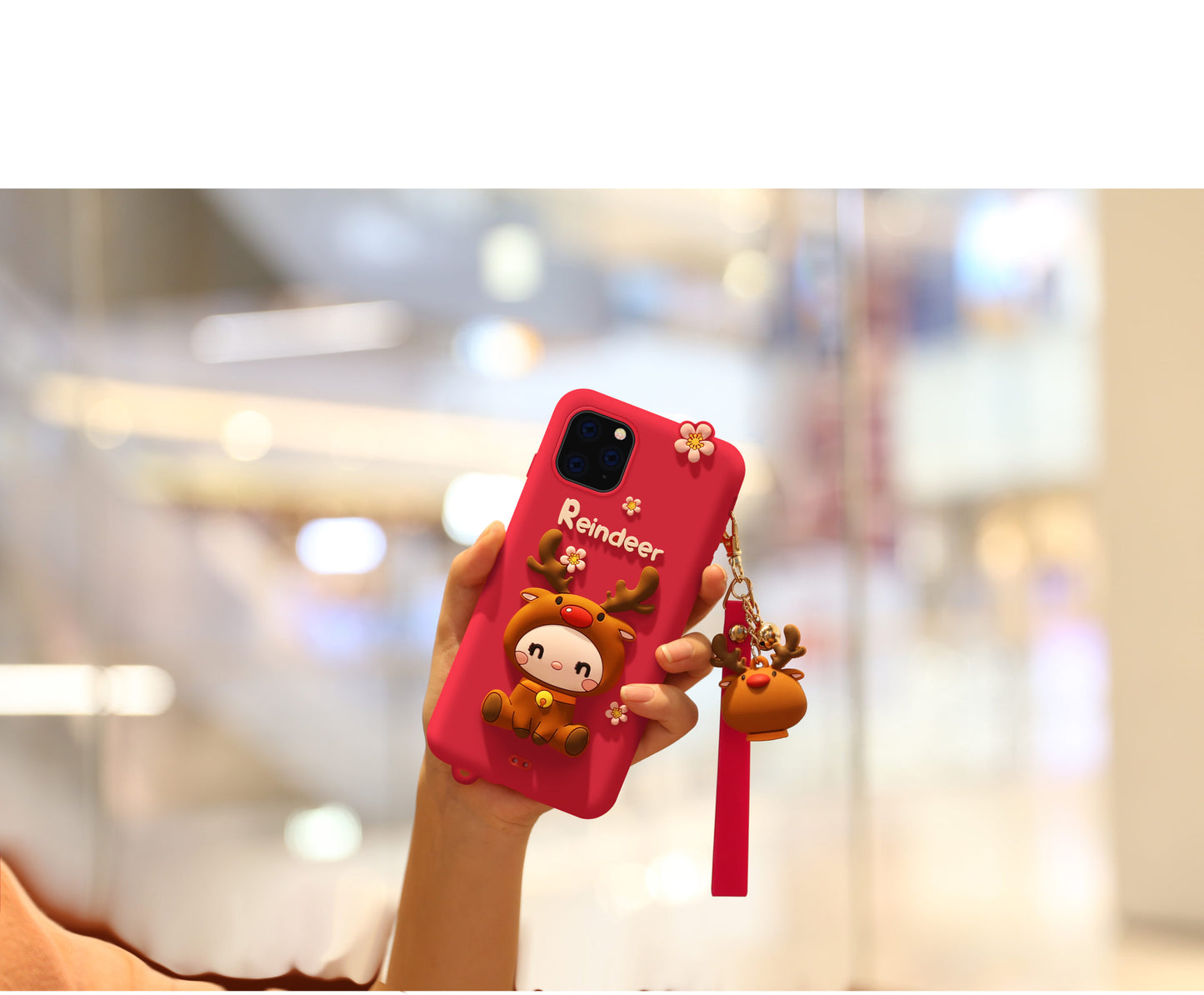 LOFTER Nice Girls Phone Cases A Gift Set Covers Cute 3D Reindeer Flower Silicone TPU Wrist Lanyard Strap For iPhone 11 Pro Max (4815)