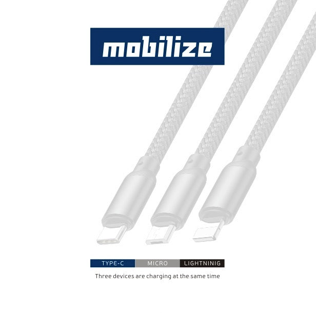 Mobilize 3 in 1 USB Charger Cable 3A Fast Charging Lead For iPhone Type C Micro - Black (9475)