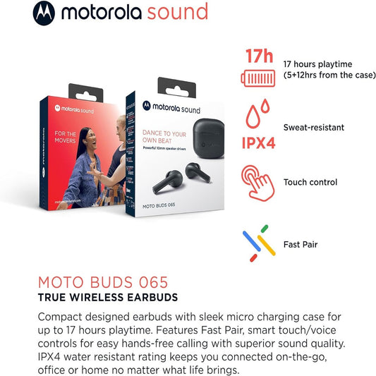 Motorola Moto Buds 065 - True Wireless, Ear Buds, Noise Isolation and 17 Hours Playtime, Touch Control on Both Earbuds, IPX4 Water Resistant, ENC mic for Clear Voice Calls. (Moonless Night) (BLACK) (LANE B RACK 4) (1102526)