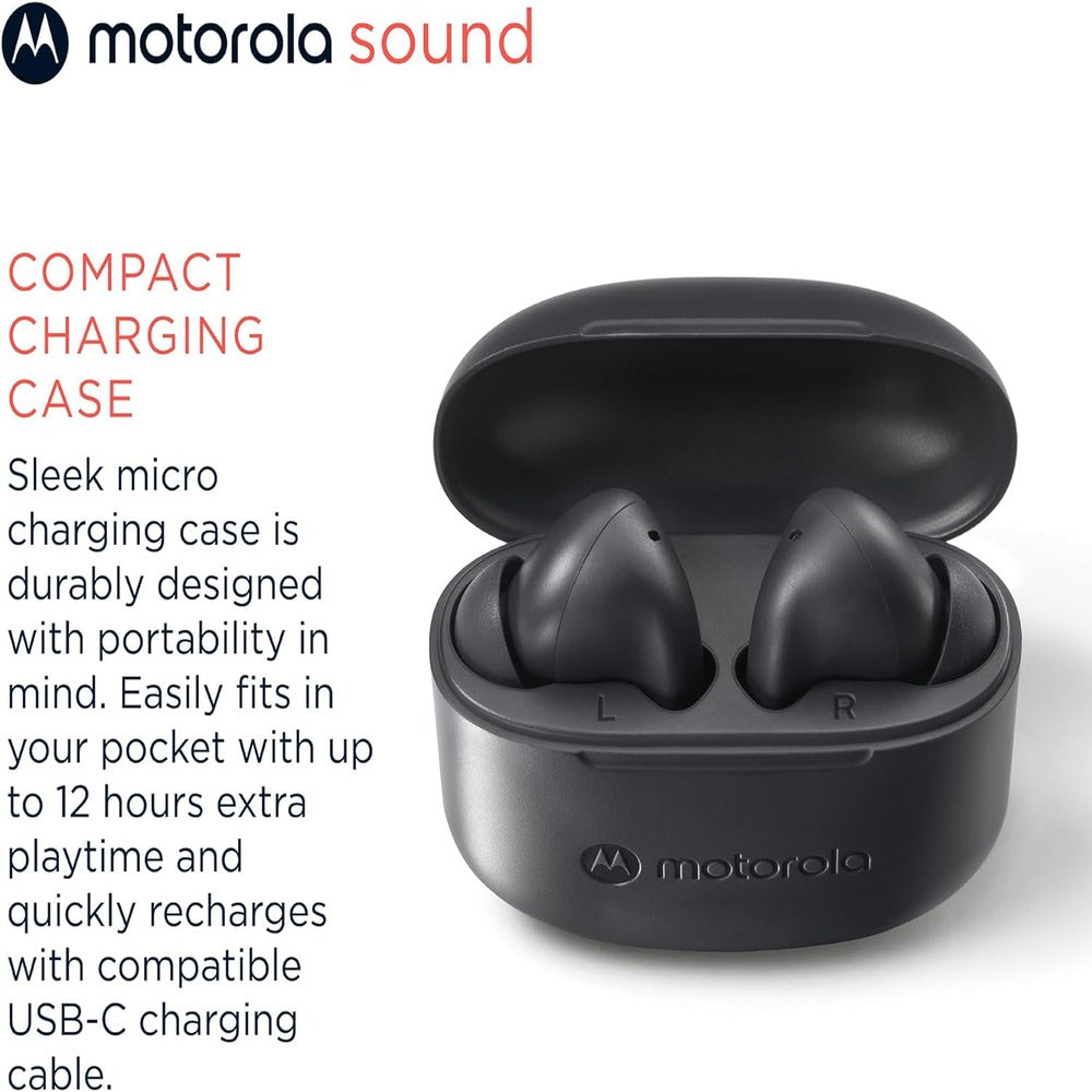 Motorola Moto Buds 065 - True Wireless, Ear Buds, Noise Isolation and 17 Hours Playtime, Touch Control on Both Earbuds, IPX4 Water Resistant, ENC mic for Clear Voice Calls. (Moonless Night) (BLACK) (LANE B RACK 4) (1102526)