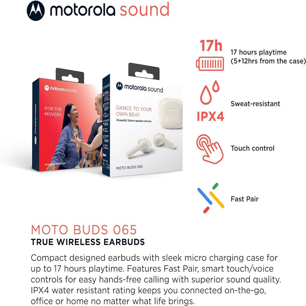 Motorola Moto Buds 065 - True Wireless, Ear Buds, Noise Isolation and 17 Hours Playtime, Touch Control on Both Earbuds, IPX4 Water Resistant, ENC mic for Clear Voice Calls. (Moonless Night) WHITE) (LANE B RACK 4) (1102528)