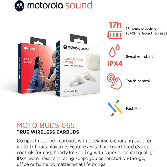 Motorola Moto Buds 065 - True Wireless, Ear Buds, Noise Isolation and 17 Hours Playtime, Touch Control on Both Earbuds, IPX4 Water Resistant, ENC mic for Clear Voice Calls. (Moonless Night) WHITE) (LANE B RACK 4) (1102528)