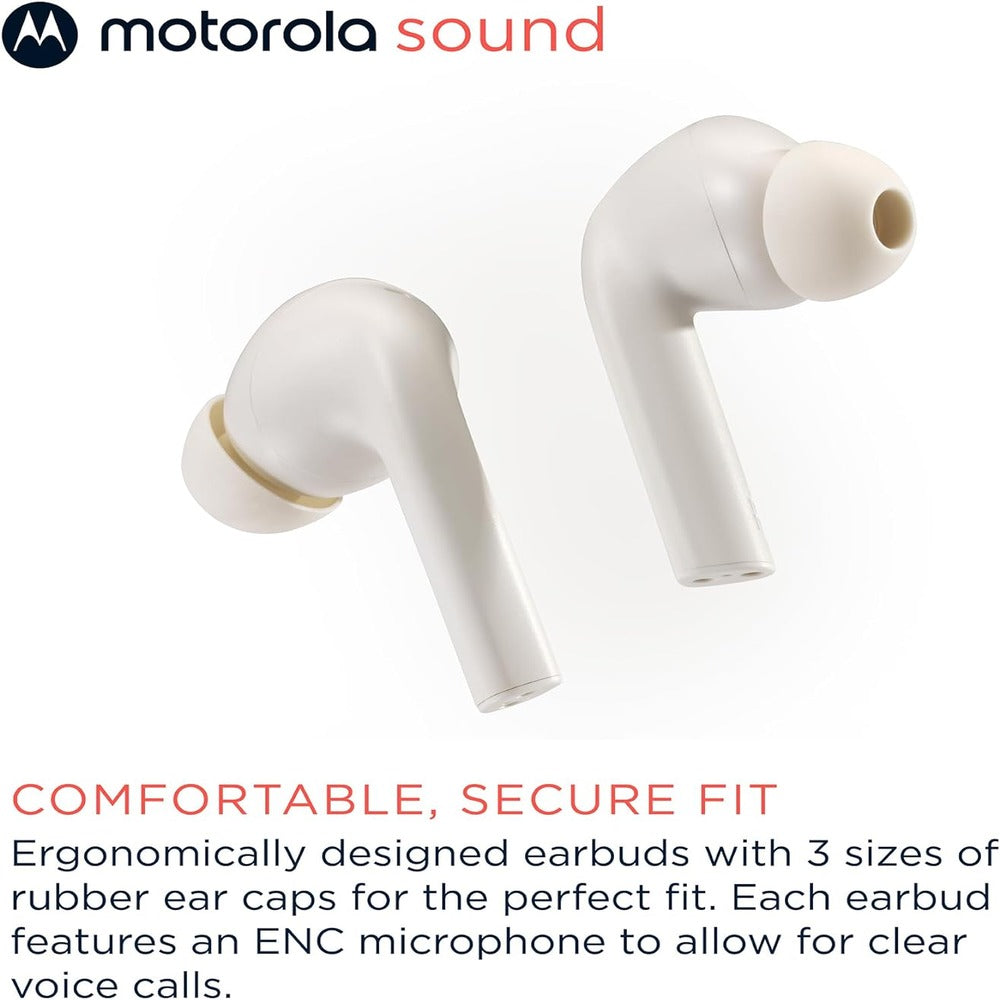 Motorola Moto Buds 065 - True Wireless, Ear Buds, Noise Isolation and 17 Hours Playtime, Touch Control on Both Earbuds, IPX4 Water Resistant, ENC mic for Clear Voice Calls. (Moonless Night) WHITE) (LANE B RACK 4) (1102528)