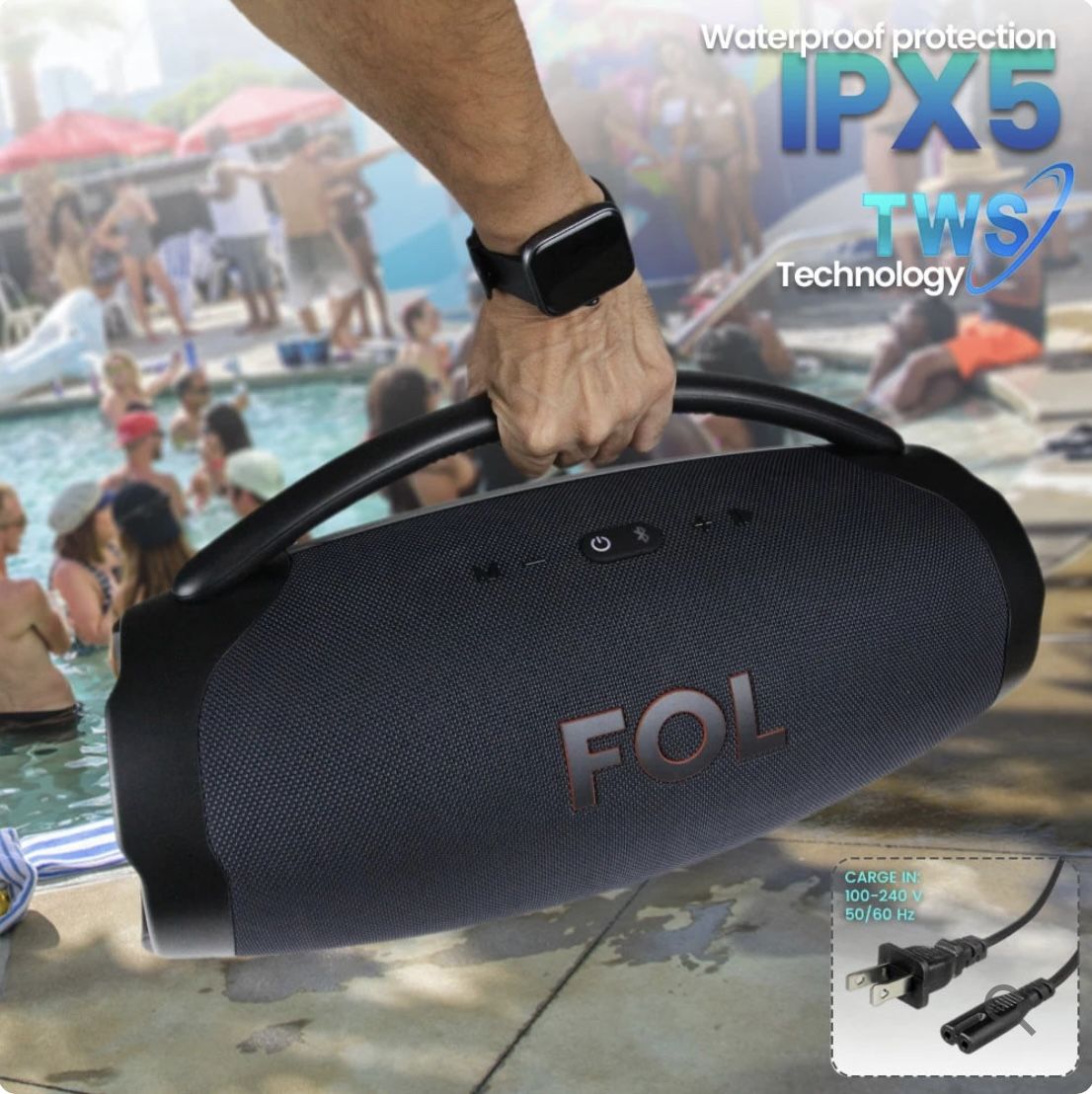 FOL FS-R208 Portable Bluetooth Speaker with Subwoofer, FM Radio, IPX5 Waterproof compare to jbl boombox 3   ( 1107493) (MSRP $269.99)