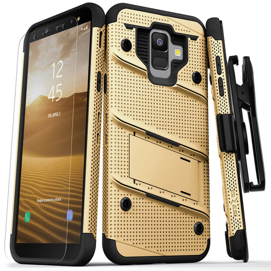 Galaxy A6 Zizo BOLT Cover w/ Full Edge to Edge Tempered Glass Screen Protector Holster, Kickstand, Lanyard - Gold / Black (1606